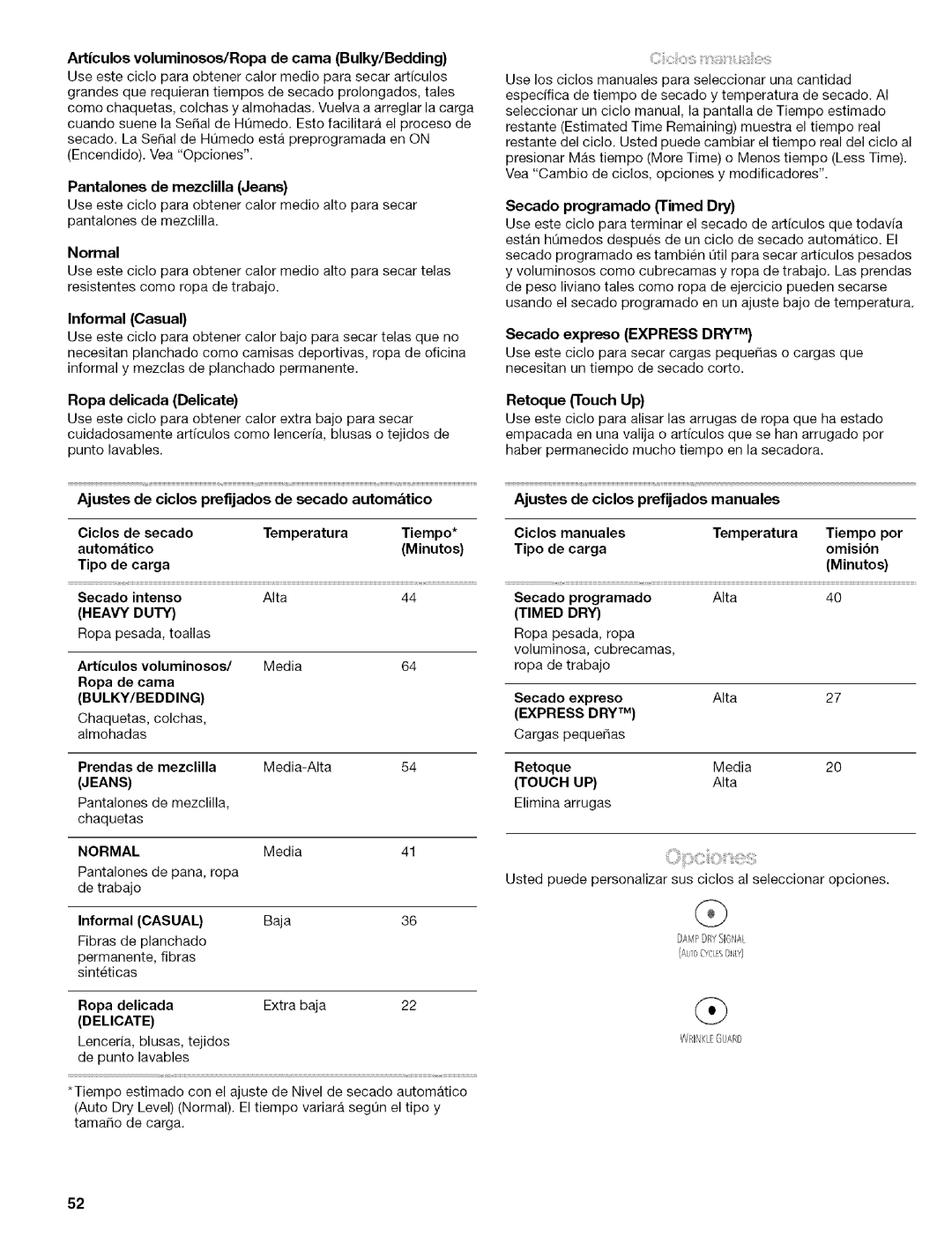 Kenmore 110.8586#, 110.8508#, 110.8587#, 110.8509# manual Normal, Casual, Timed, Touch UP 