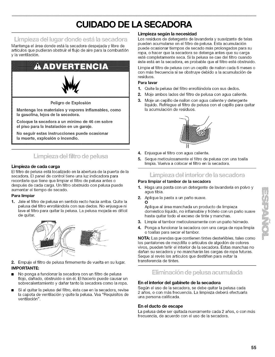 Kenmore 110.8509#, 110.8586#, 110.8508#, 110.8587# manual Cuidado DE LA Secadora, Importante 