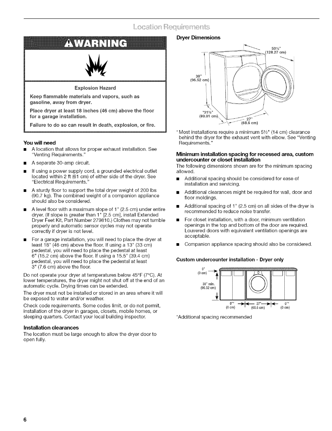 Kenmore 110.8587# Dryer Dimensions, You will need, Installation clearances, Custom undercounter installation Dryer only 