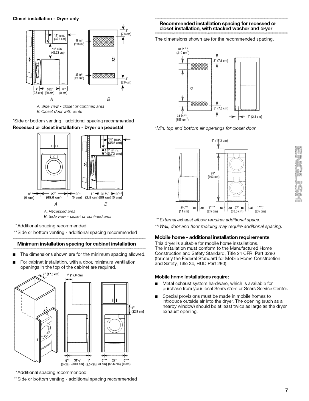 Kenmore 110.8509#, 110.8586#, 110.8508# manual 1I31,J1 o*I, I1 31,/21o, Minimum installation spacing for cabinet installation 