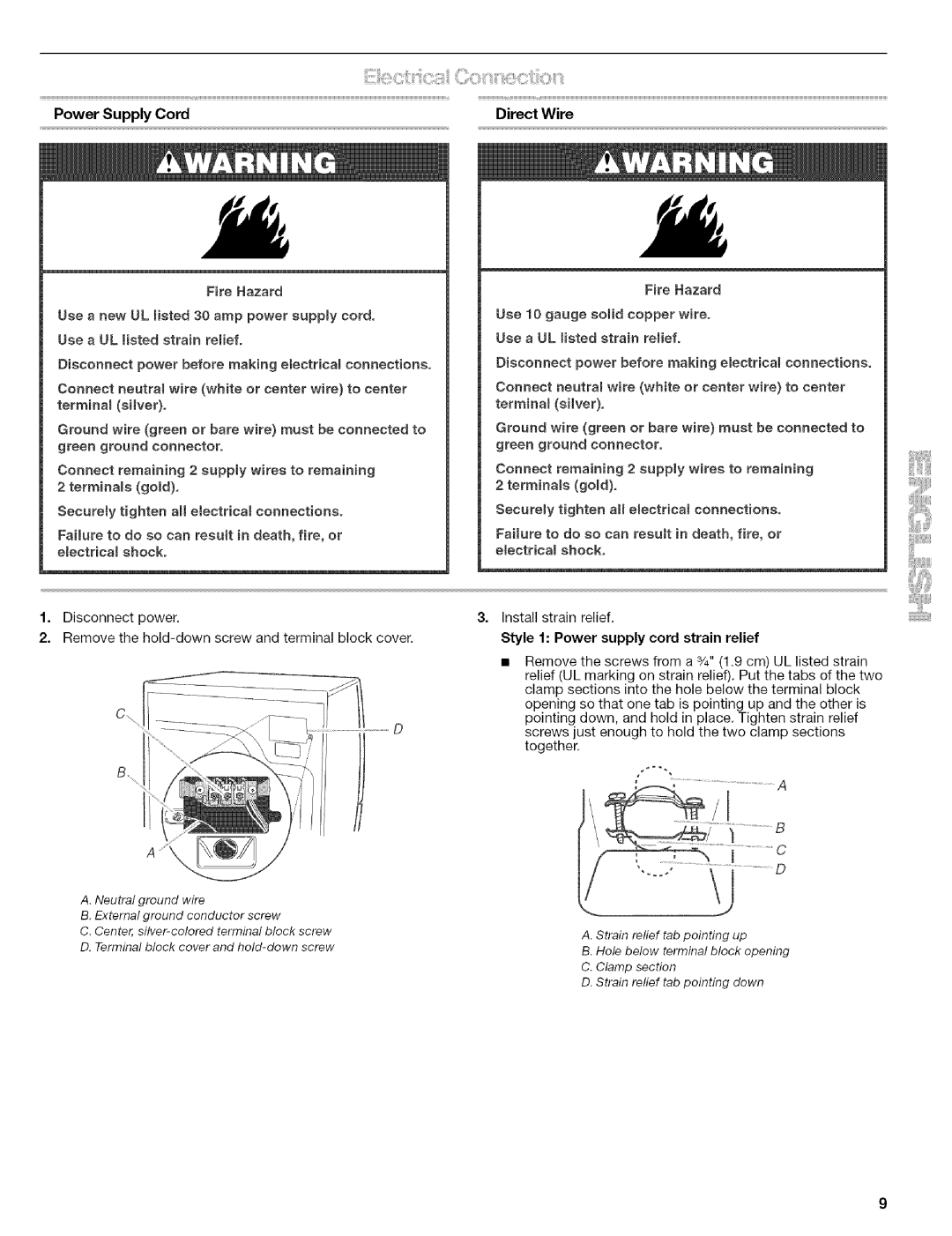 Kenmore 110.8508#, 110.8586#, 110.8587#, 110.8509# manual Power Supply Cord Direct Wire 