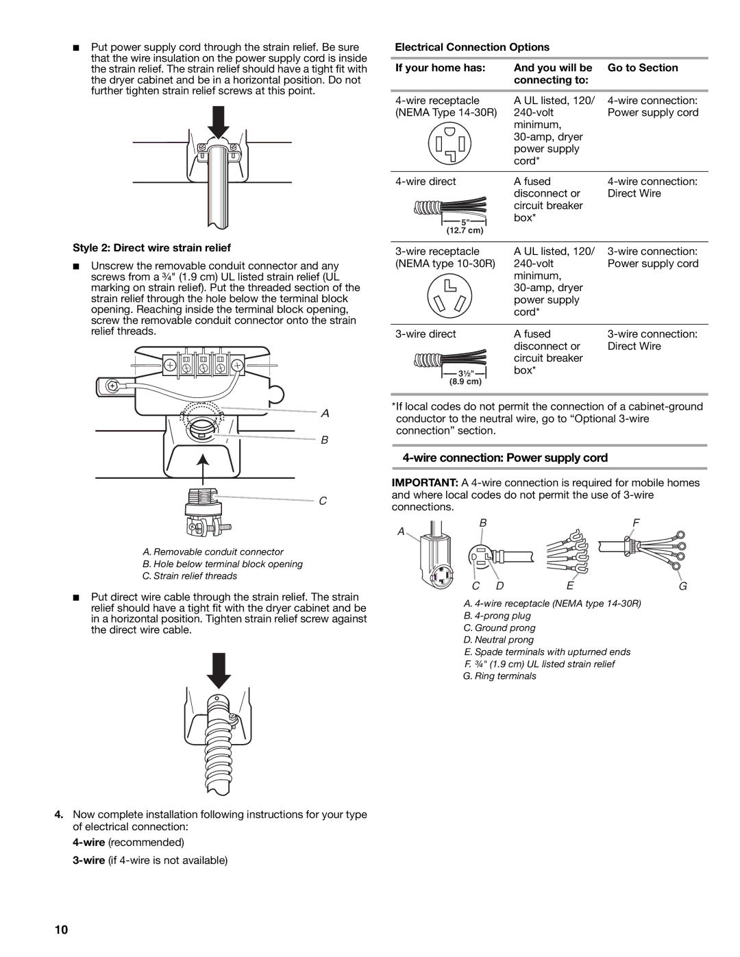 Kenmore 110.8709, 110.8708 manual Wire connection Power supply cord, Style 2 Direct wire strain relief 