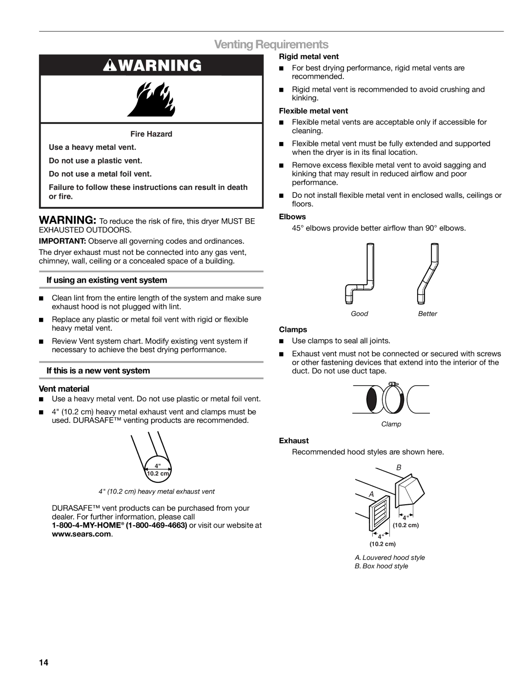 Kenmore 110.8709 manual Venting Requirements, If using an existing vent system, If this is a new vent system Vent material 