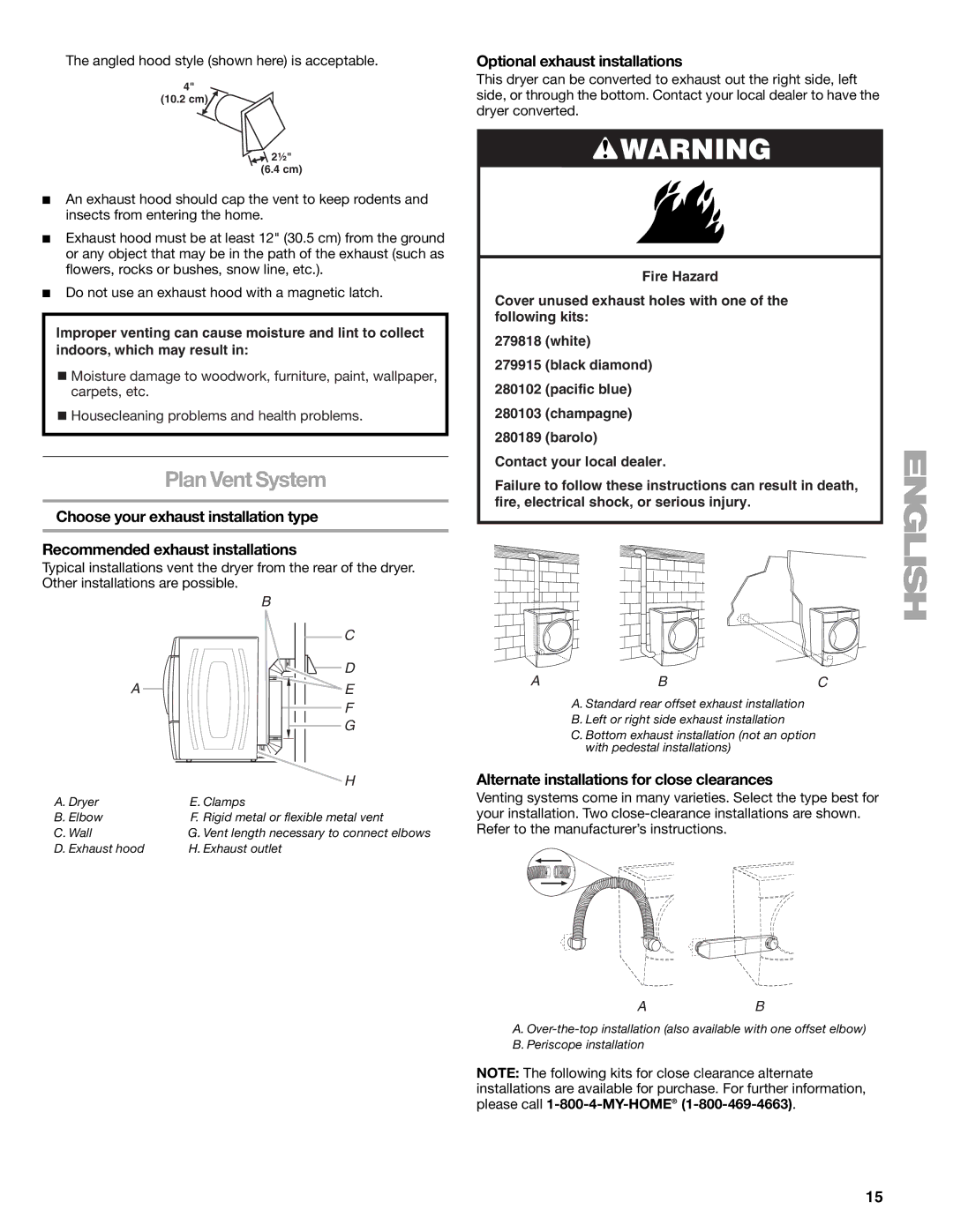 Kenmore 110.8708, 110.8709 Plan Vent System, Optional exhaust installations, Alternate installations for close clearances 