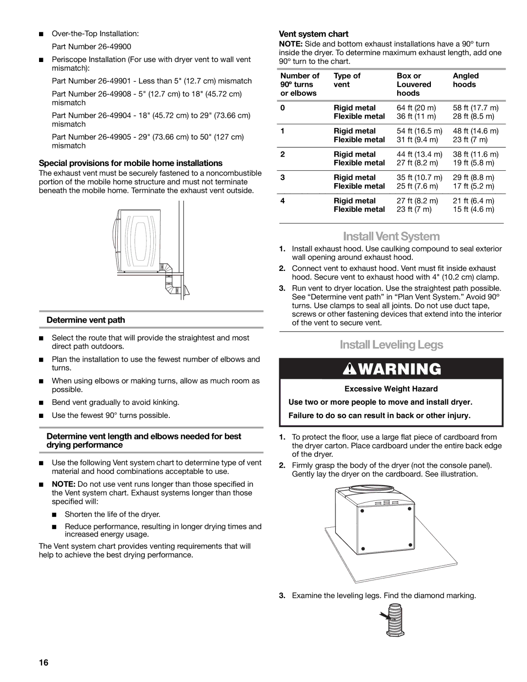 Kenmore 110.8709, 110.8708 Install Vent System, Install Leveling Legs, Special provisions for mobile home installations 