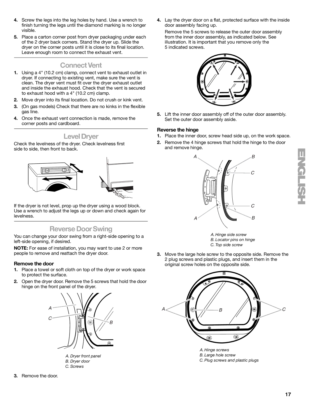 Kenmore 110.8708, 110.8709 manual Connect Vent, Level Dryer, Reverse Door Swing, Remove the door, Reverse the hinge 