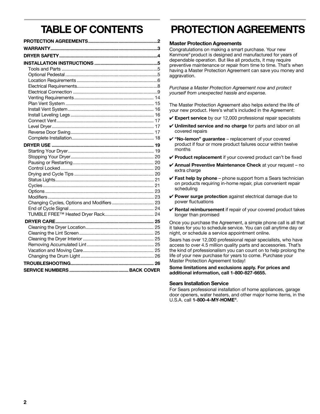 Kenmore 110.8709, 110.8708 manual Table of Contents, Protection Agreements 