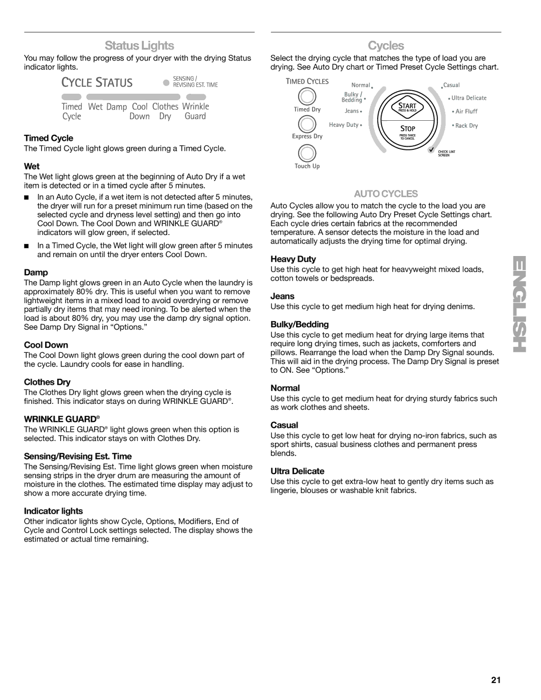 Kenmore 110.8708, 110.8709 manual Status Lights, Cycles 