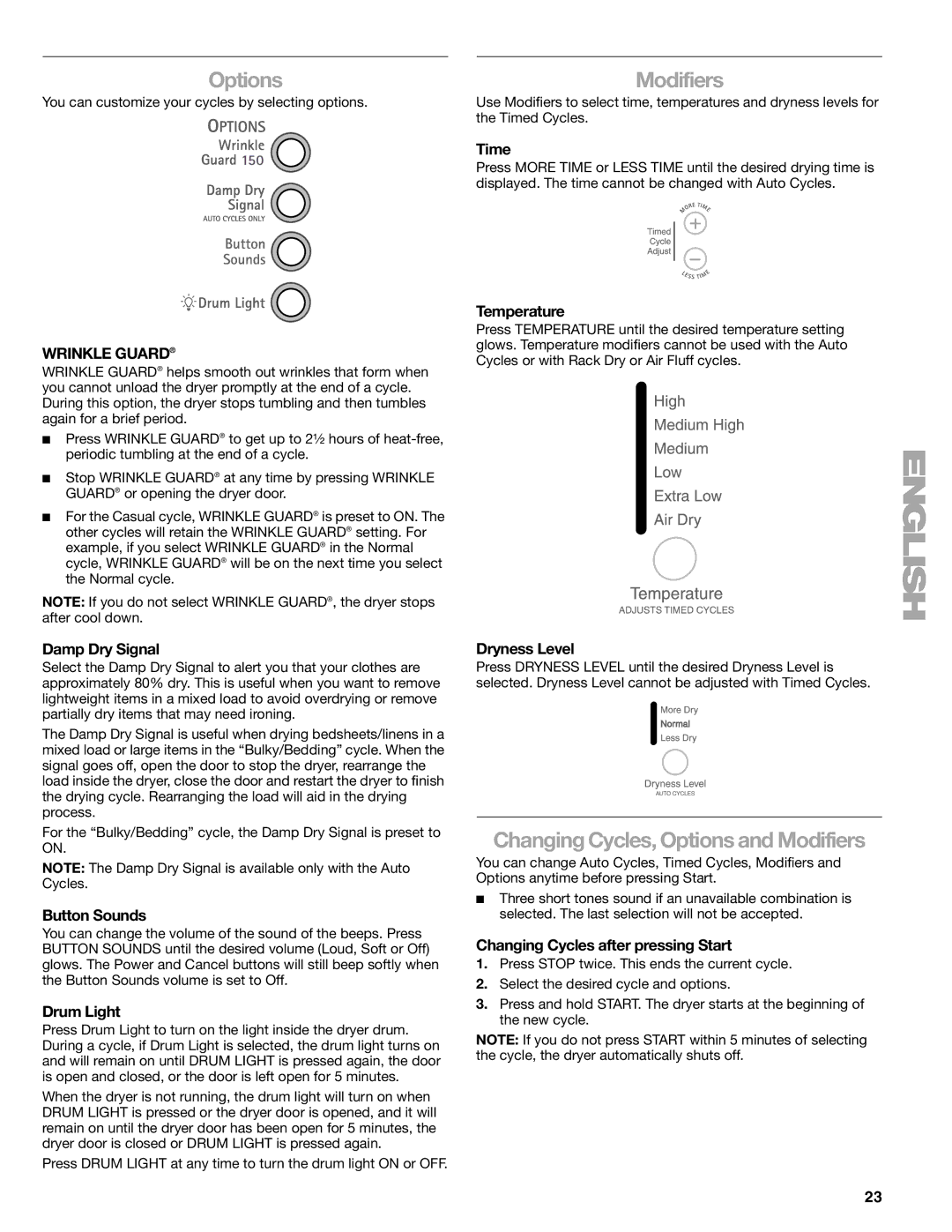 Kenmore 110.8708, 110.8709 manual Changing Cycles, Options and Modifiers 