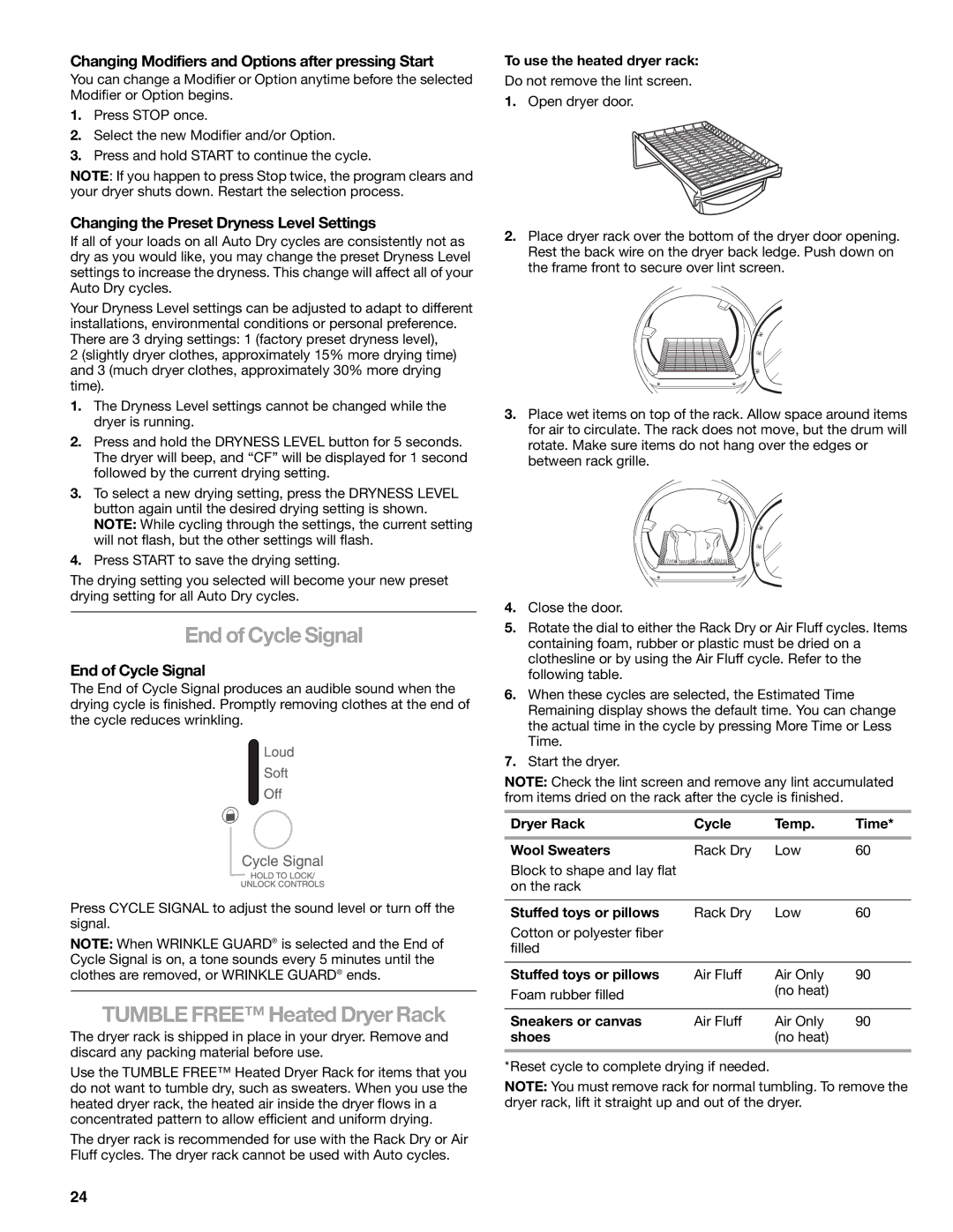 Kenmore 110.8709 End of Cycle Signal, Tumble Free Heated Dryer Rack, Changing Modifiers and Options after pressing Start 