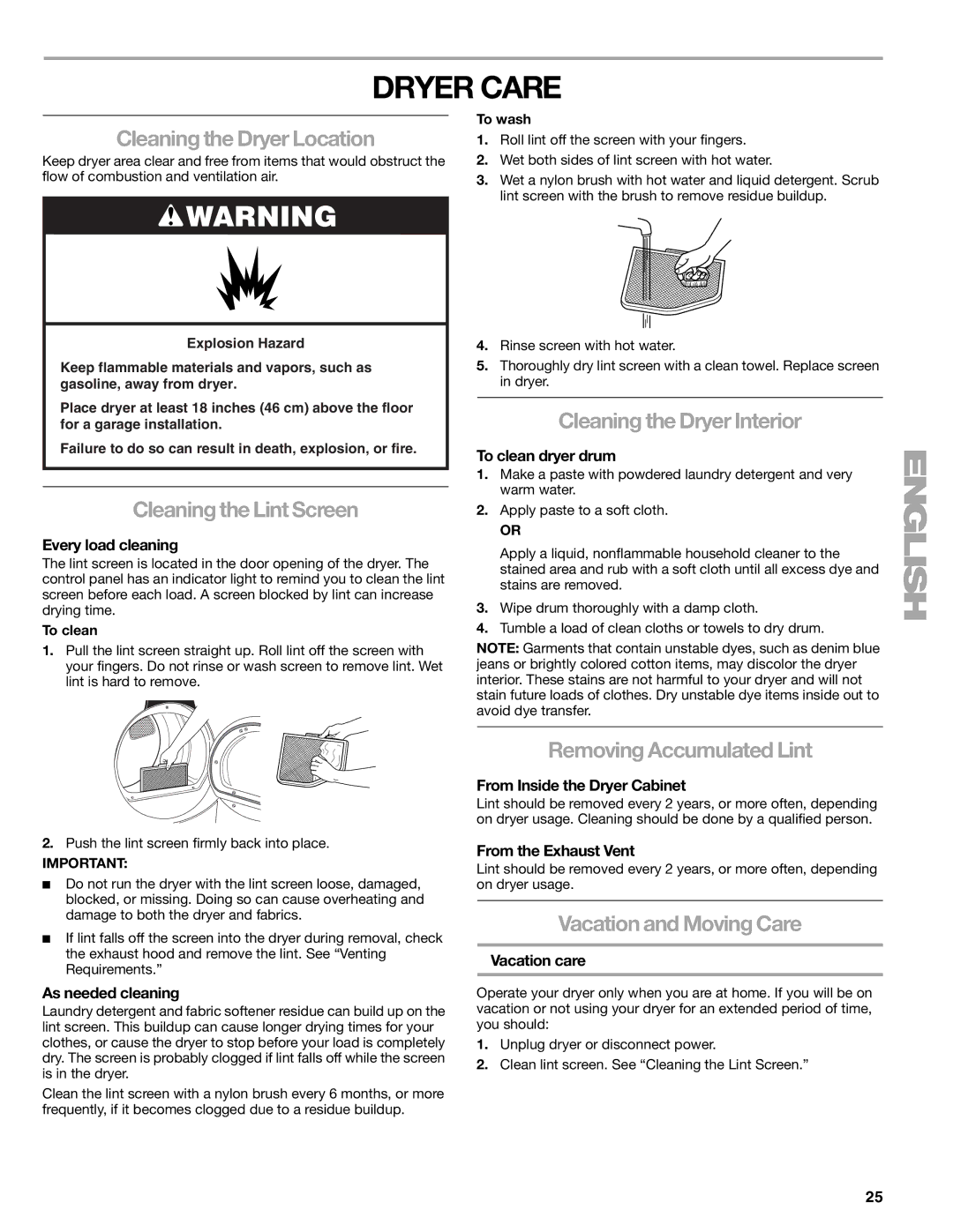 Kenmore 110.8708, 110.8709 manual Dryer Care 