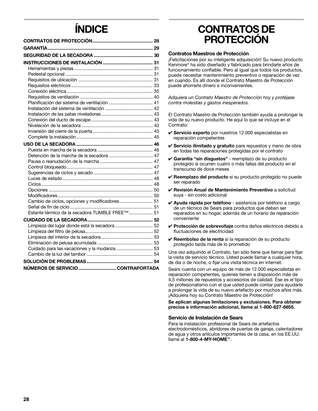 Kenmore 110.8709 manual Índice, Contratos DE Protección, Contratos Maestros de Protección, Servicio de Instalación de Sears 