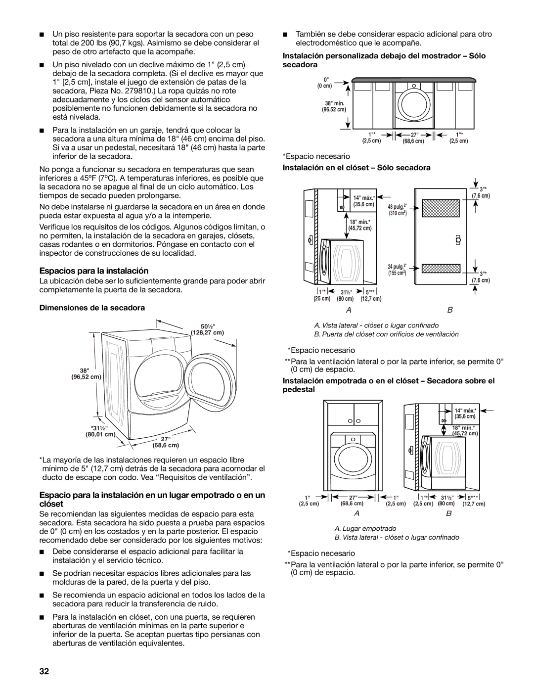 Kenmore 110.8709, 110.8708 manual Espacios para la instalación, Espacio necesario, Instalación en el clóset Sólo secadora 