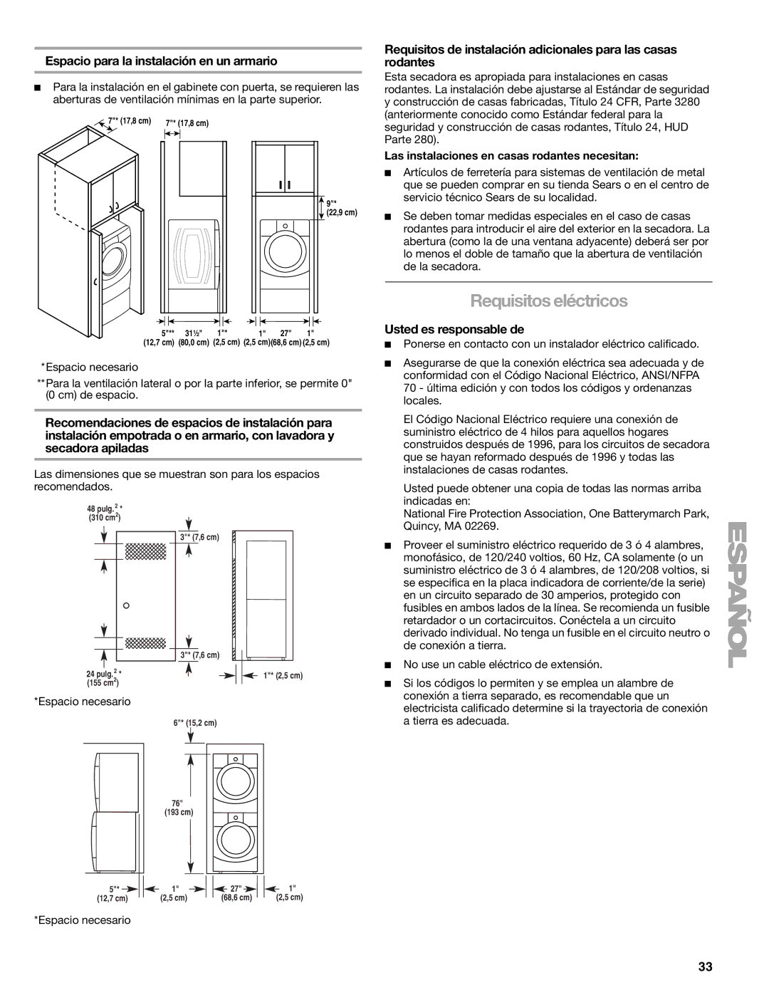 Kenmore 110.8708, 110.8709 manual Requisitos eléctricos, Espacio para la instalación en un armario, Usted es responsable de 