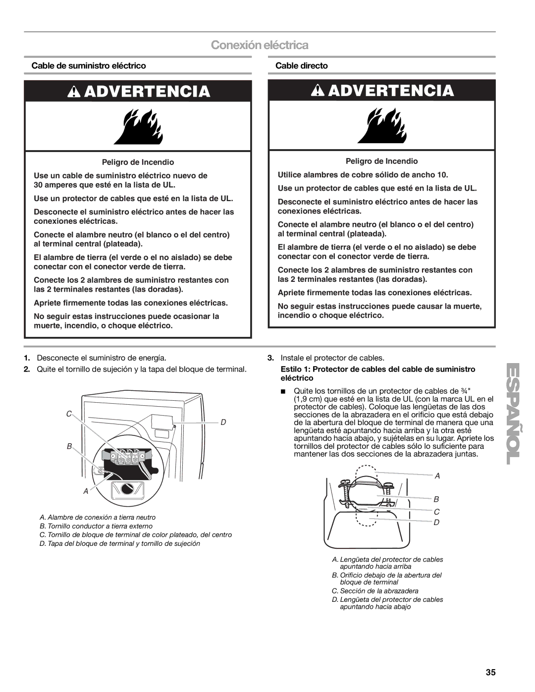 Kenmore 110.8708 manual Conexión eléctrica, Cable de suministro eléctrico, Cable directo, Instale el protector de cables 