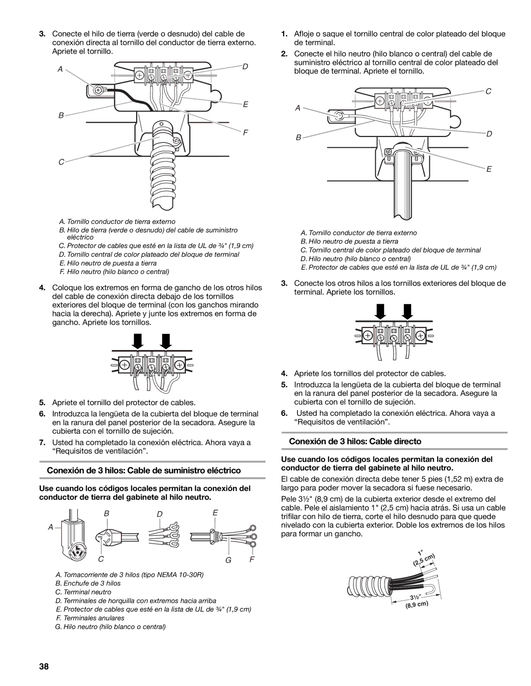 Kenmore 110.8709, 110.8708 manual Conexión de 3 hilos Cable de suministro eléctrico, Conexión de 3 hilos Cable directo 