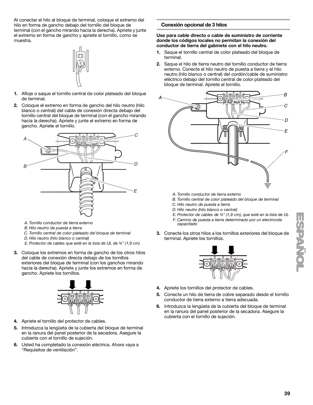 Kenmore 110.8708, 110.8709 manual Conexión opcional de 3 hilos 