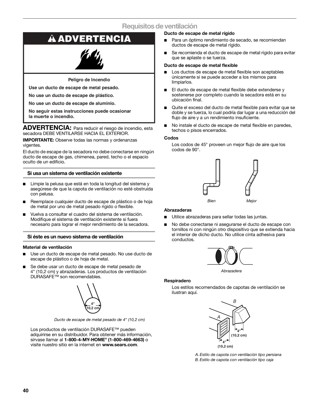 Kenmore 110.8709, 110.8708 manual Requisitos de ventilación, Si usa un sistema de ventilación existente 