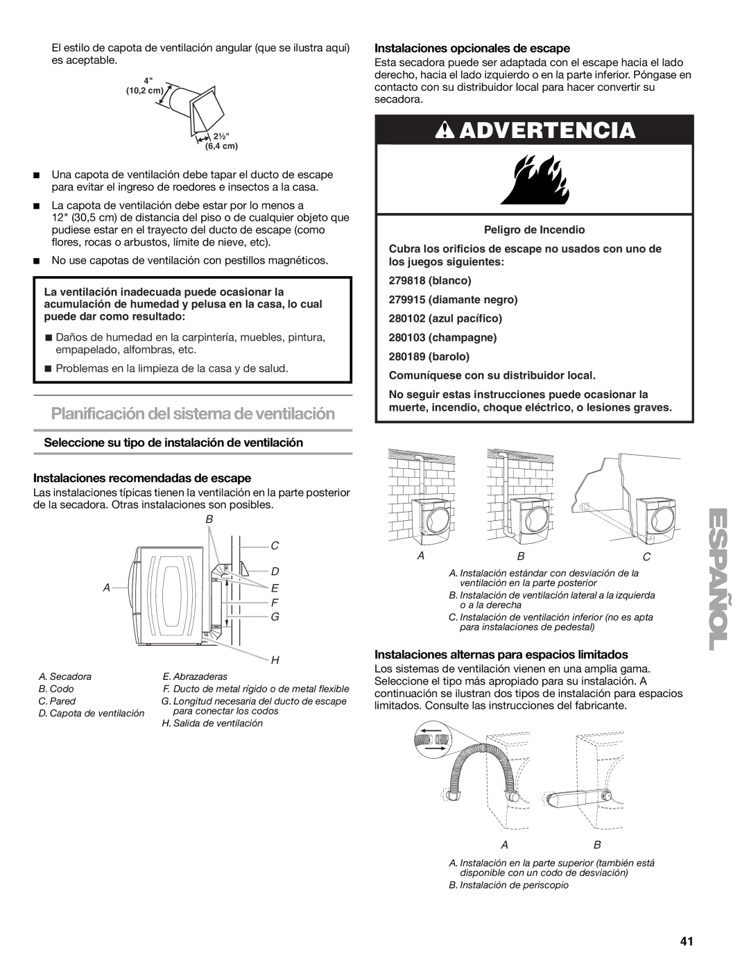 Kenmore 110.8708, 110.8709 manual Instalaciones opcionales de escape, Instalaciones alternas para espacios limitados 