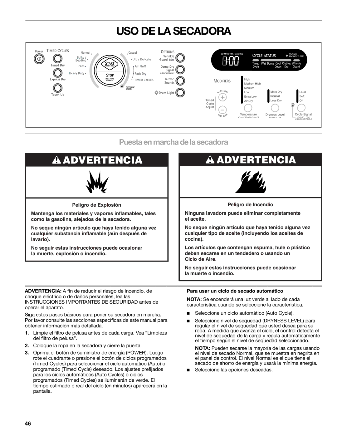 Kenmore 110.8709, 110.8708 USO DE LA Secadora, Puesta en marcha de la secadora, Para usar un ciclo de secado automático 