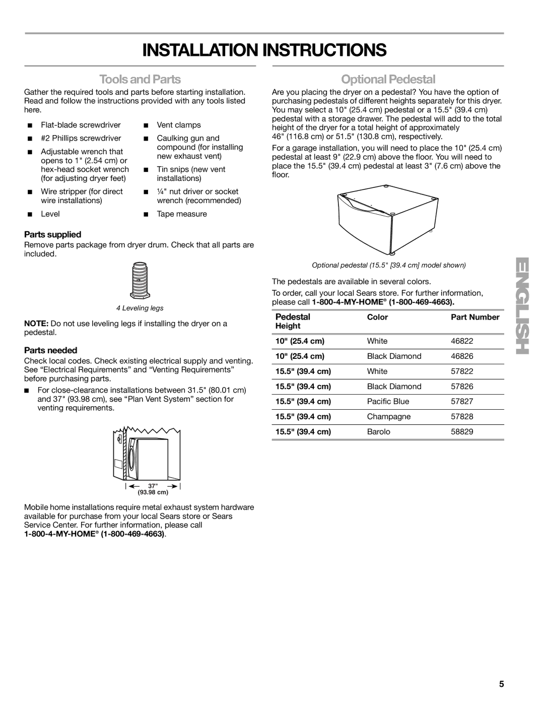 Kenmore 110.8708, 110.8709 manual Installation Instructions, Tools and Parts, Optional Pedestal 