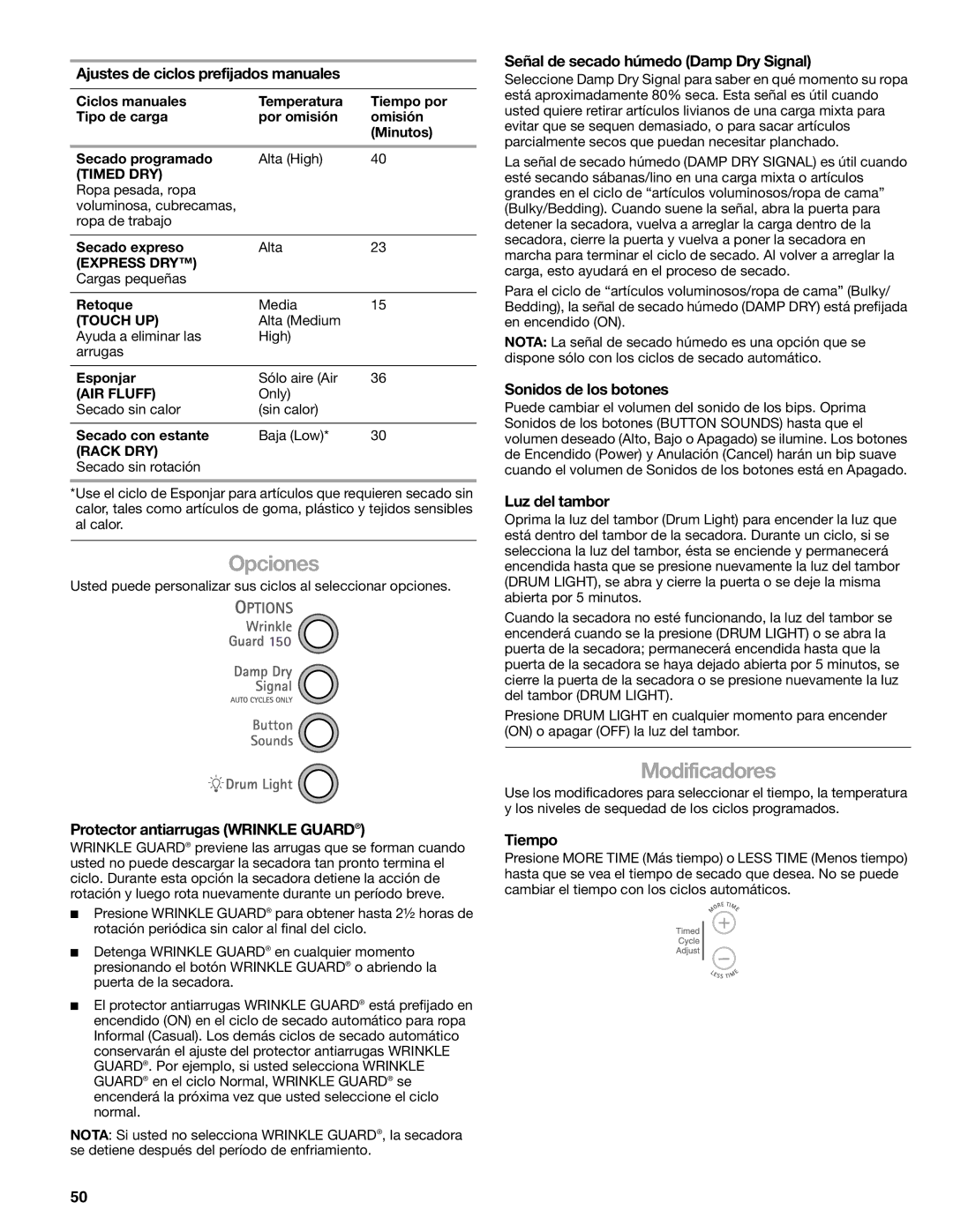 Kenmore 110.8709, 110.8708 manual Opciones, Modificadores 