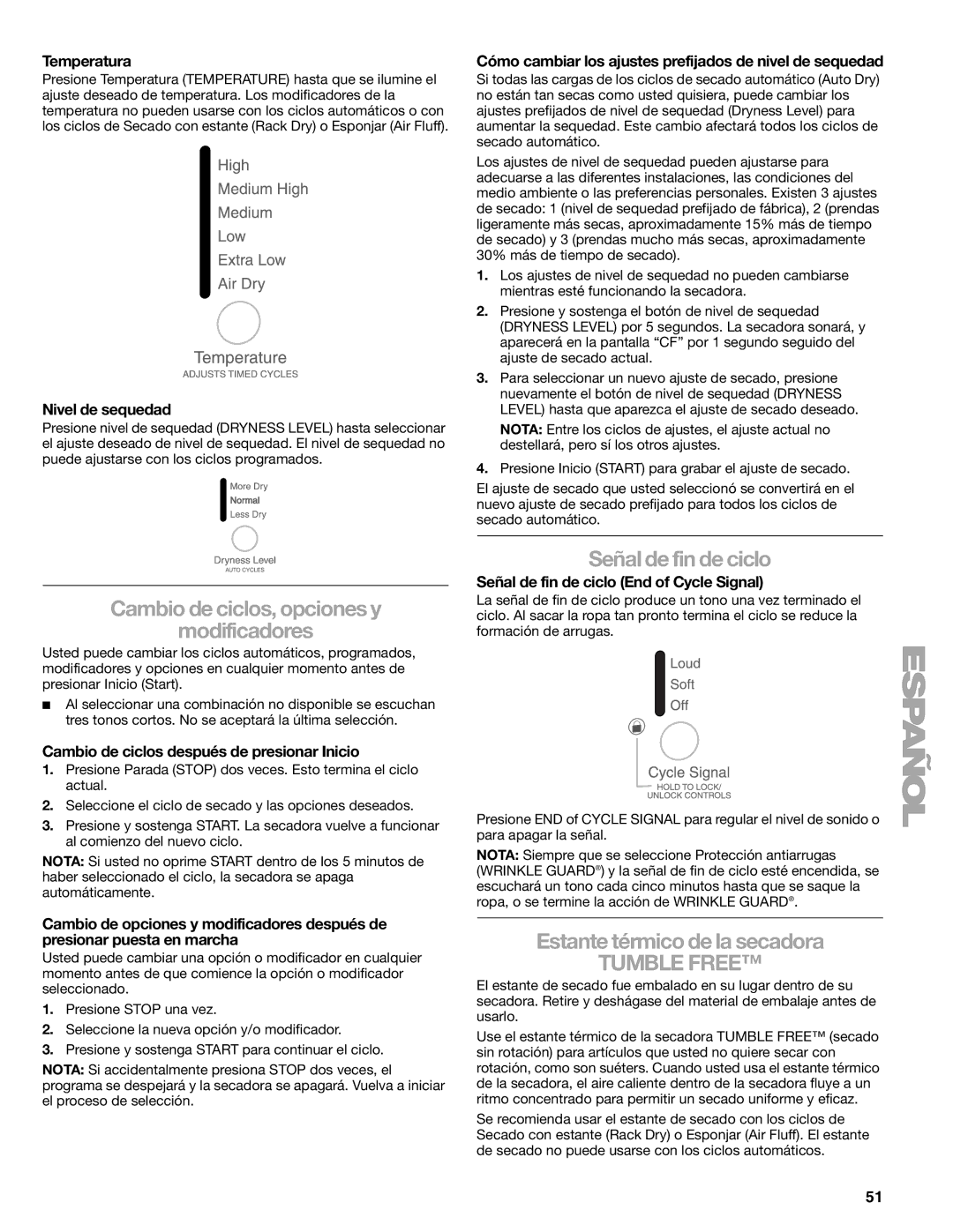 Kenmore 110.8708 manual Cambio de ciclos, opciones y Modificadores, Señal de fin de ciclo, Estante térmico de la secadora 