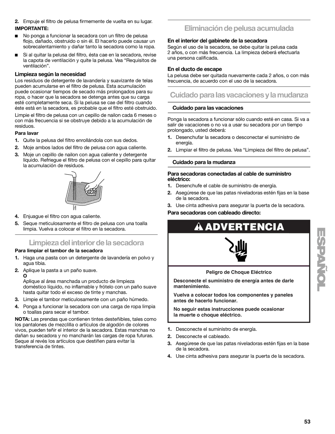 Kenmore 110.8708, 110.8709 manual Limpieza del interior de la secadora, Eliminación de pelusa acumulada 