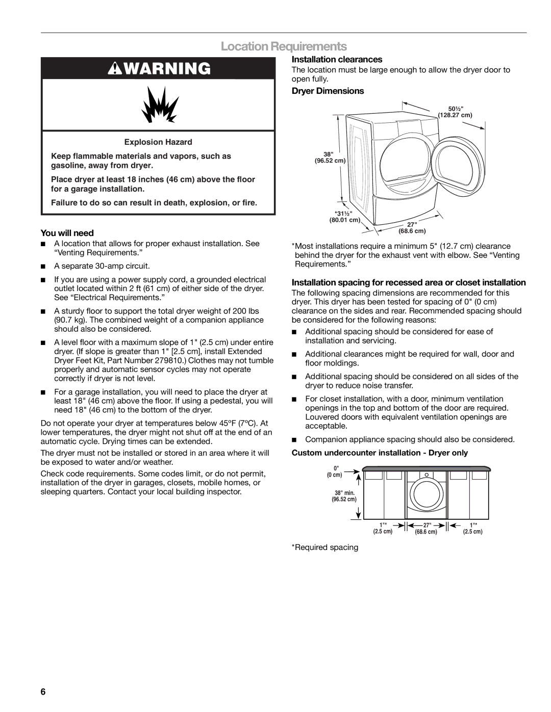 Kenmore 110.8709, 110.8708 manual Location Requirements, You will need, Installation clearances, Dryer Dimensions 