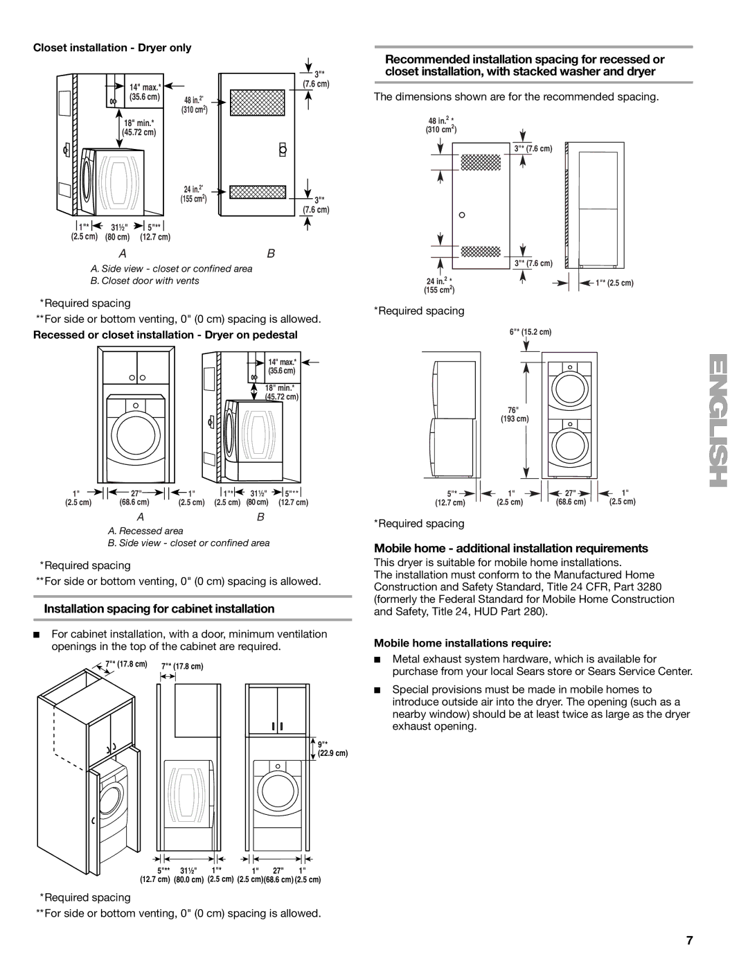 Kenmore 110.8708, 110.8709 Installation spacing for cabinet installation, Mobile home additional installation requirements 