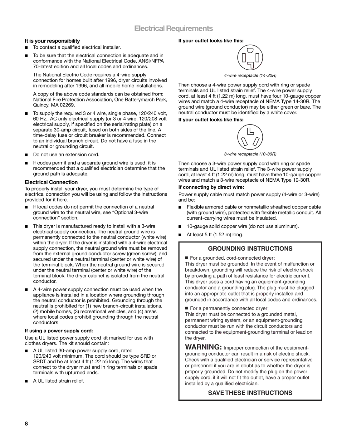 Kenmore 110.8709, 110.8708 manual Electrical Requirements, It is your responsibility, Electrical Connection 