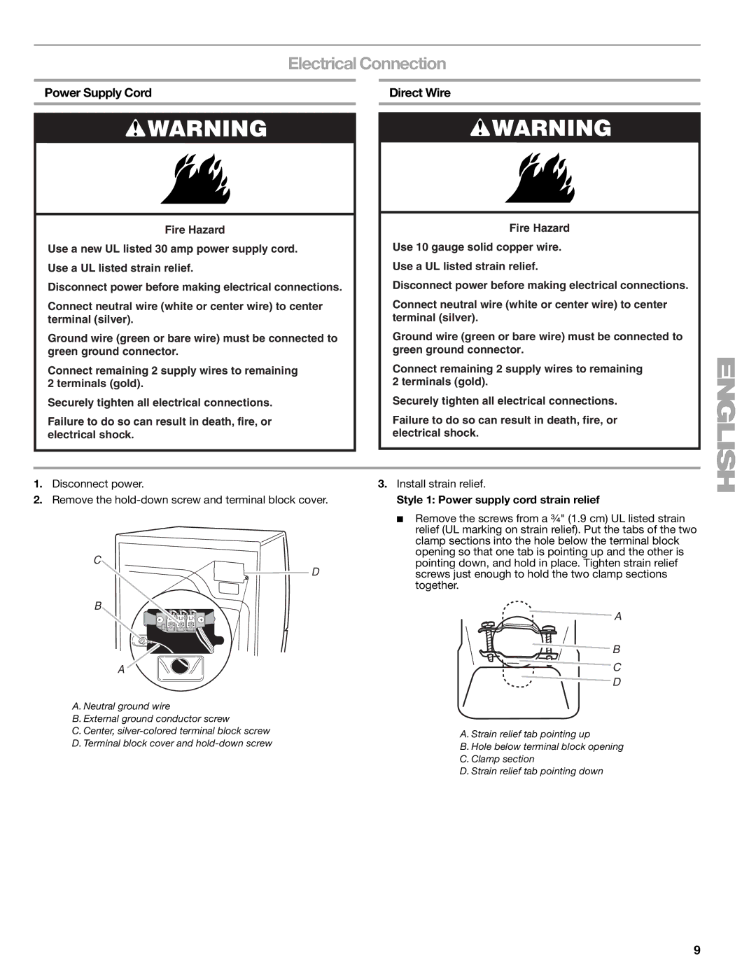 Kenmore 110.8708, 110.8709 manual Electrical Connection, Power Supply Cord Direct Wire, Install strain relief 