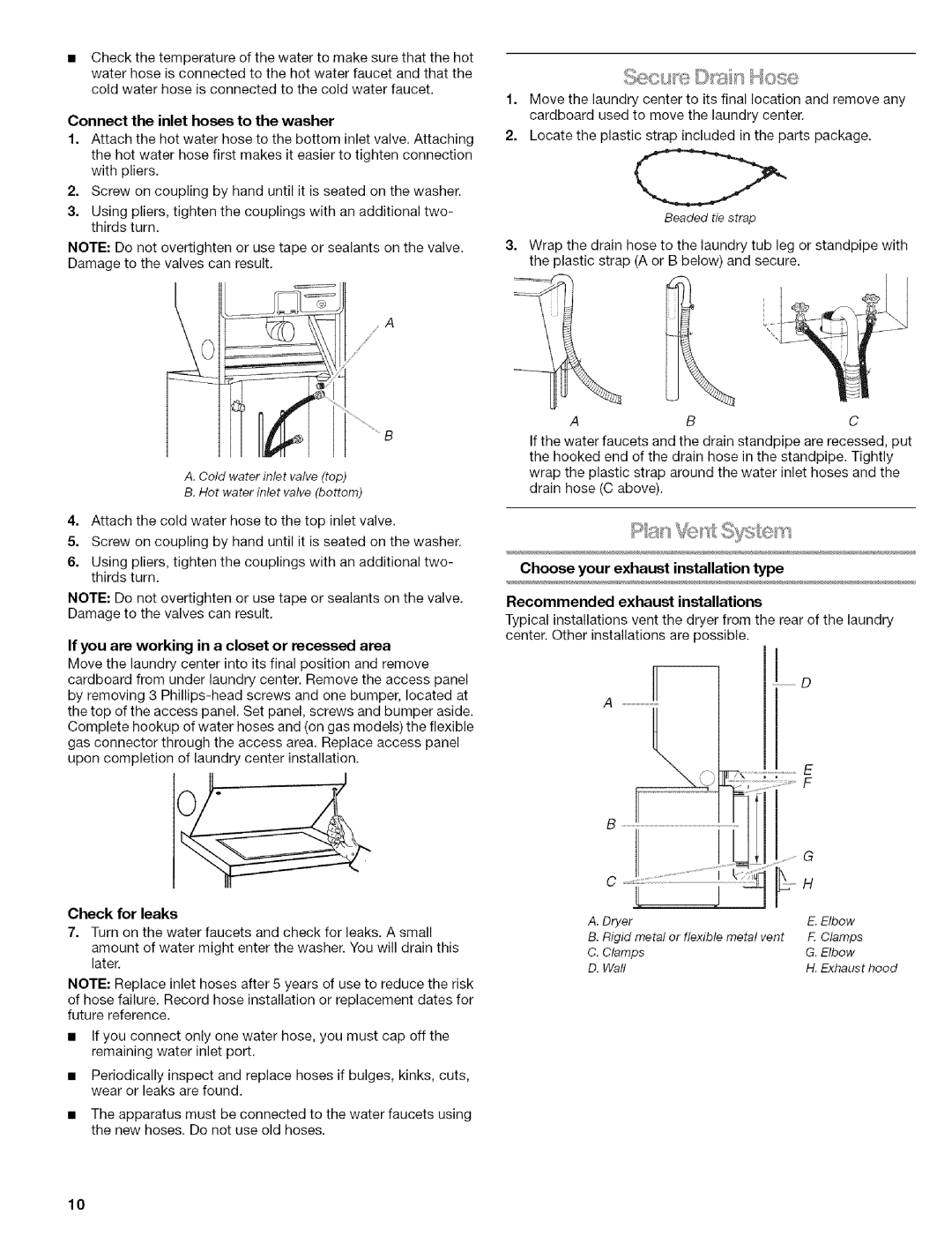 Kenmore 110.88732 Connect the inlet hoses to the washer, If you are working in a closet or recessed area, Check for leaks 