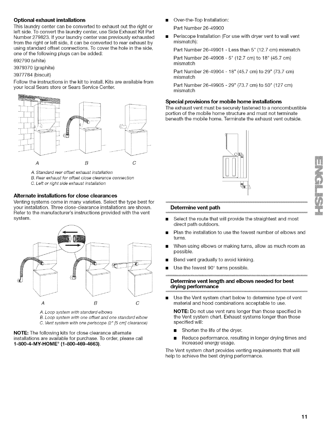 Kenmore 110.88732 Optional exhaust installations, Special provisions for mobile home installations, Determine vent path 