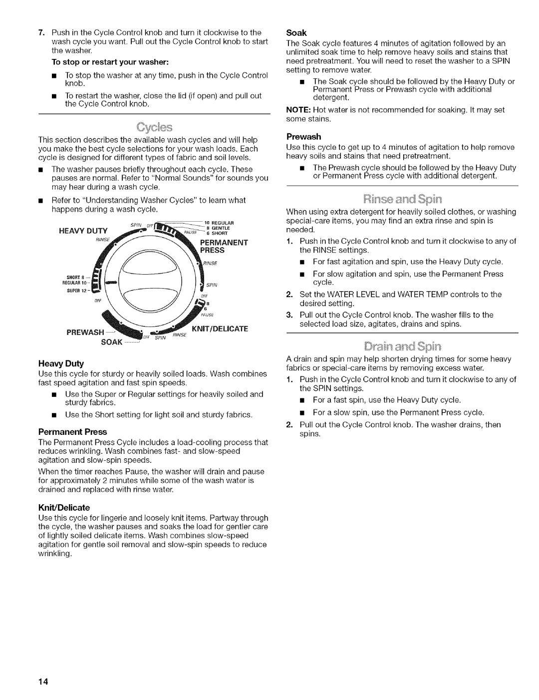 Kenmore 110.88732 manual Heavy Duty, Permanent Press, Prewash 