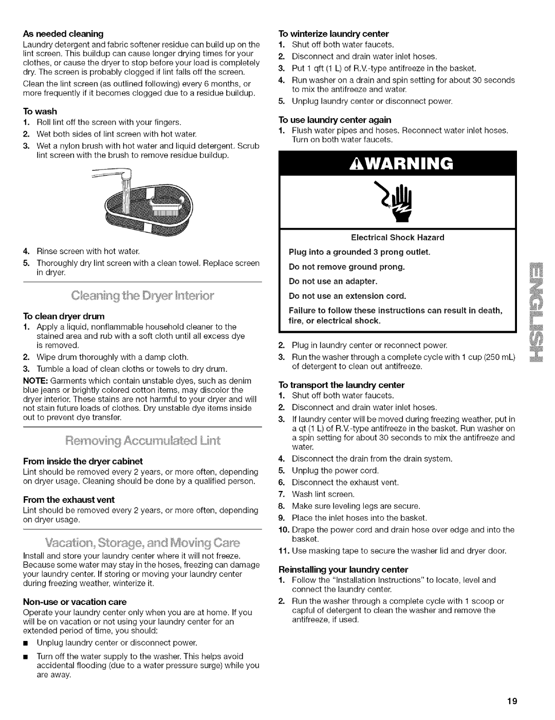 Kenmore 110.88732 manual To winterize laundry center 