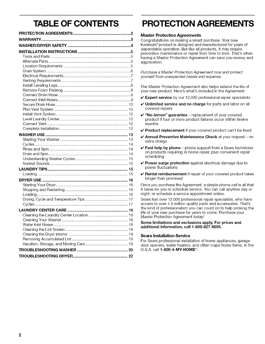 Kenmore 110.88732 manual Table of Contents, Protection Agreements 