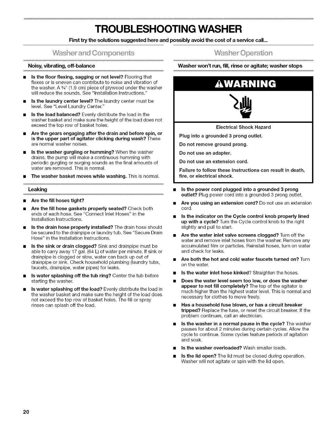 Kenmore 110.88732 manual Troubleshooting Washer, Washer wontrun, fill, rinse or agitate washer stops, Leaking 