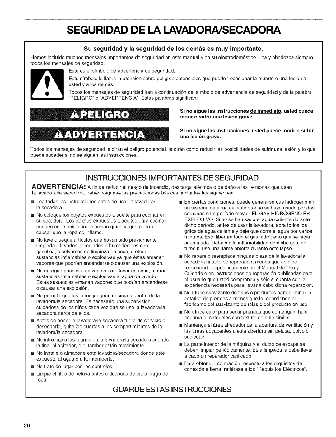 Kenmore 110.88732 manual Seguridad DE LA LAVADORA/SECADORA, Su seguridad y la seguridad de los demas es muy importante 