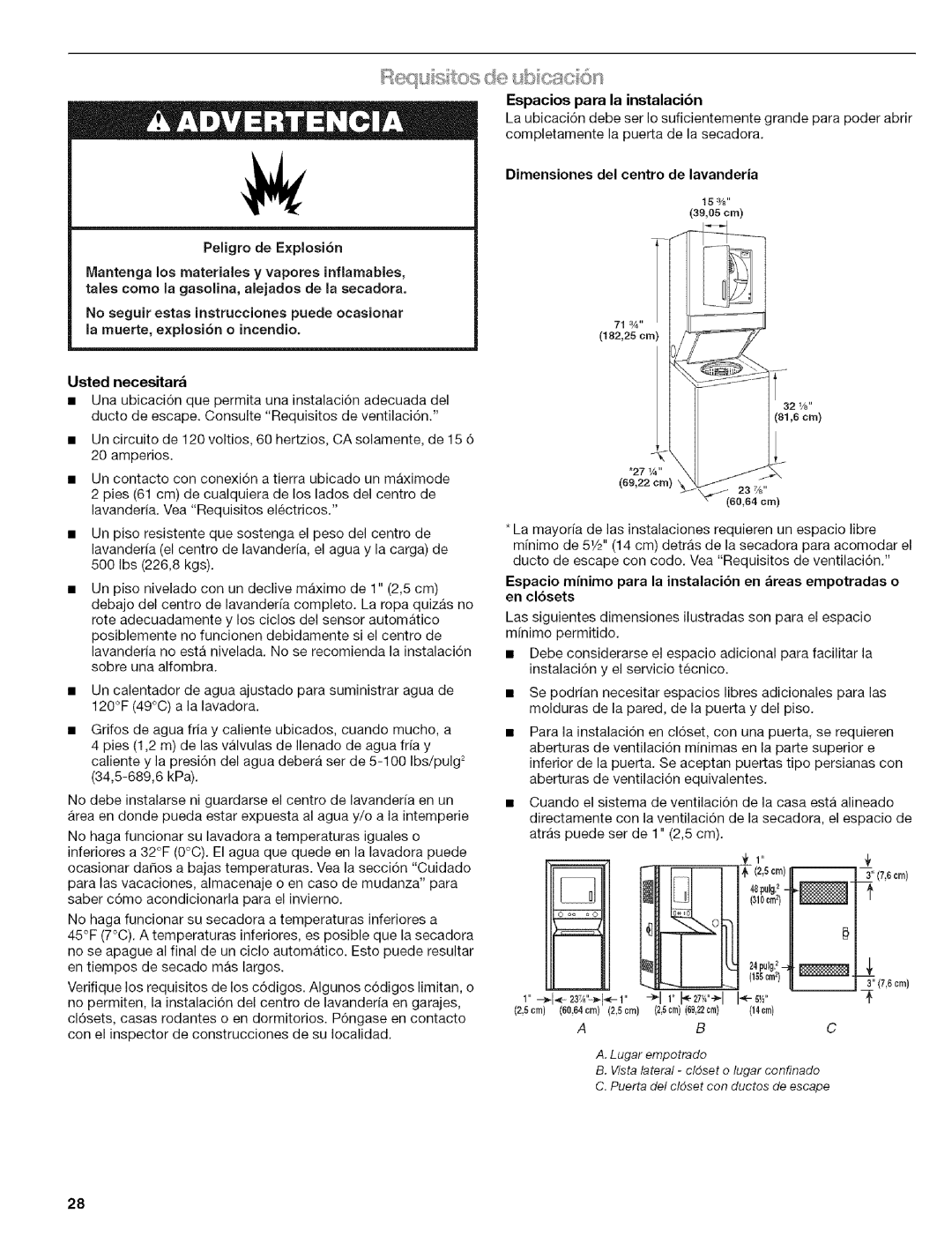 Kenmore 110.88732 manual Espacios para la instalacibn, Dirnensiones del centro de lavanderia, 6cm 