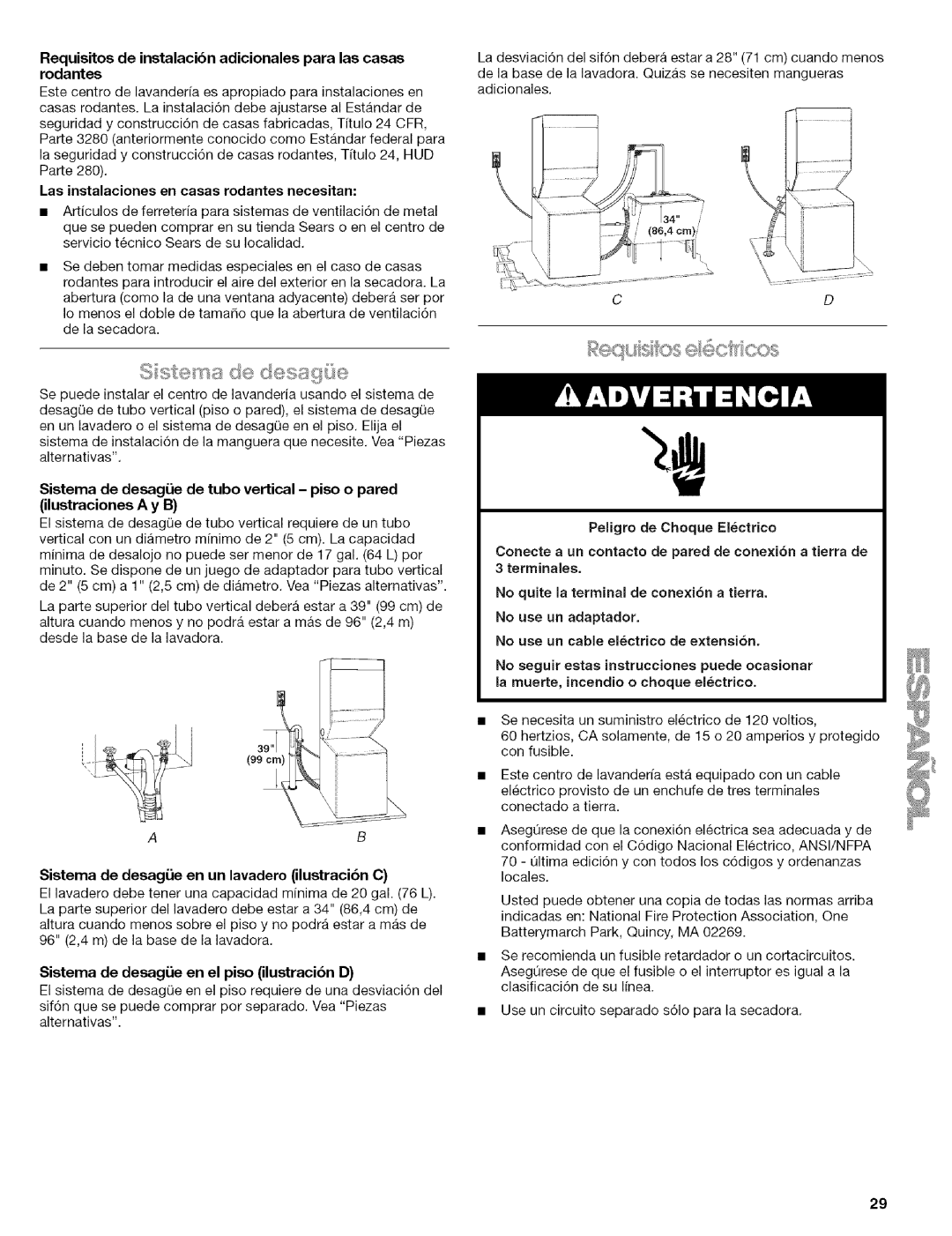 Kenmore 110.88732 manual Las instalaciones en casas rodantes necesitan, Sistema de desagiie en un lavadero ilustracibn C 