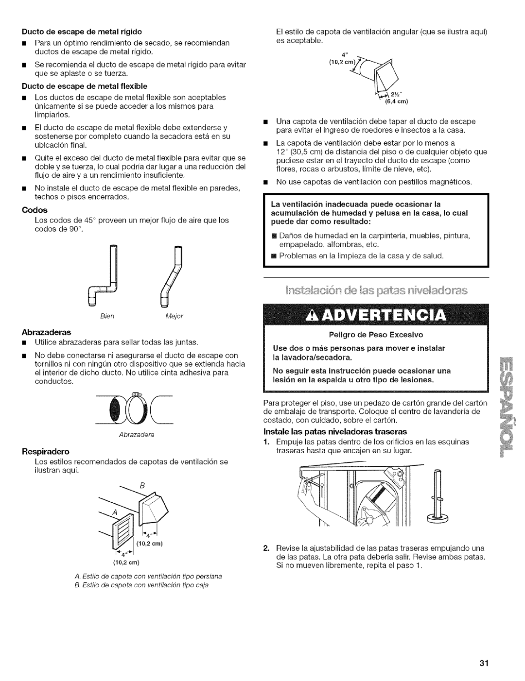 Kenmore 110.88732 Ducto de escape de metal rigido, Abrazaderas, Respiradero, La ventilacibn inadecuada puede ocasionar la 