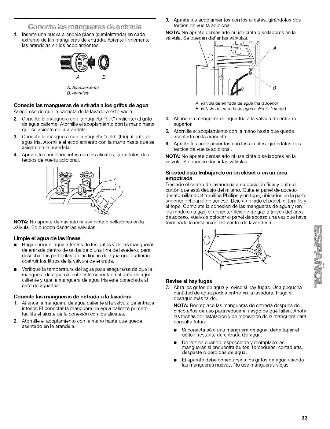 Kenmore 110.88732 Conecte las mangueras de entrada a los grifos de agua, Limpie el agua de las lineas, Revise si hay fugas 