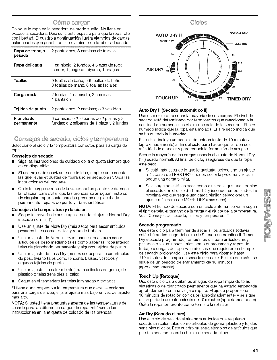 Kenmore 110.88732 manual De punto, Planchado, Consejos de secado, Consejos de temperatura y de ciclos, Secado programado 