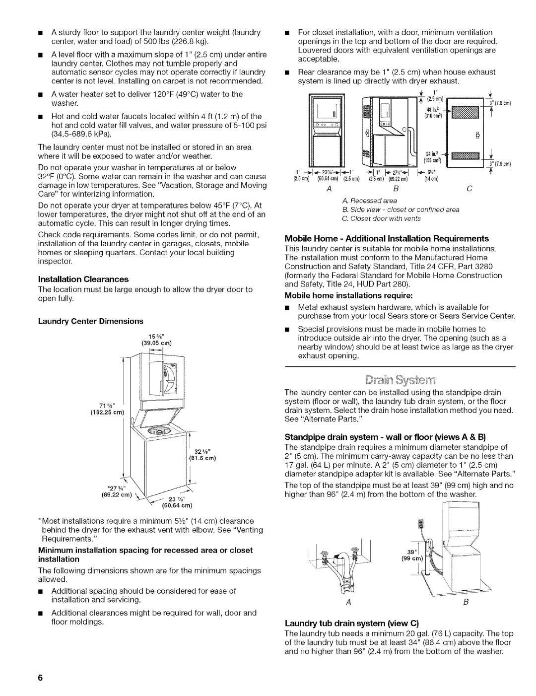 Kenmore 110.88732 manual 5cm, Installation Clearances, Laundry Center Dimensions, Mobile home installations require 