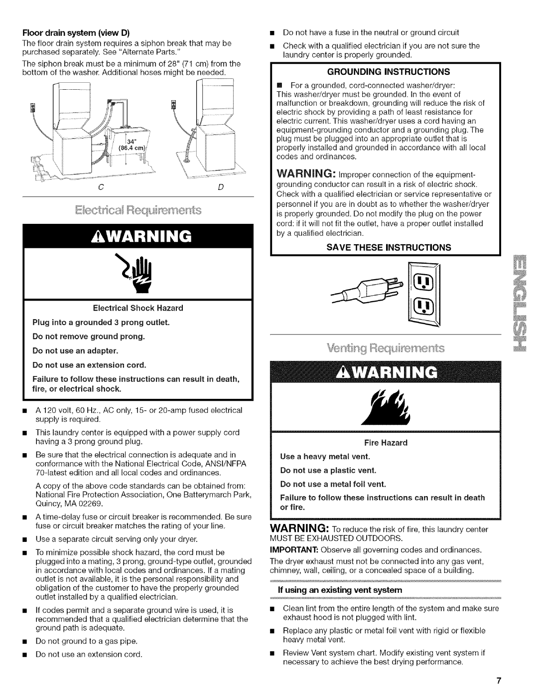 Kenmore 110.88732 manual Floor drain system view D, If using an existing vent system 