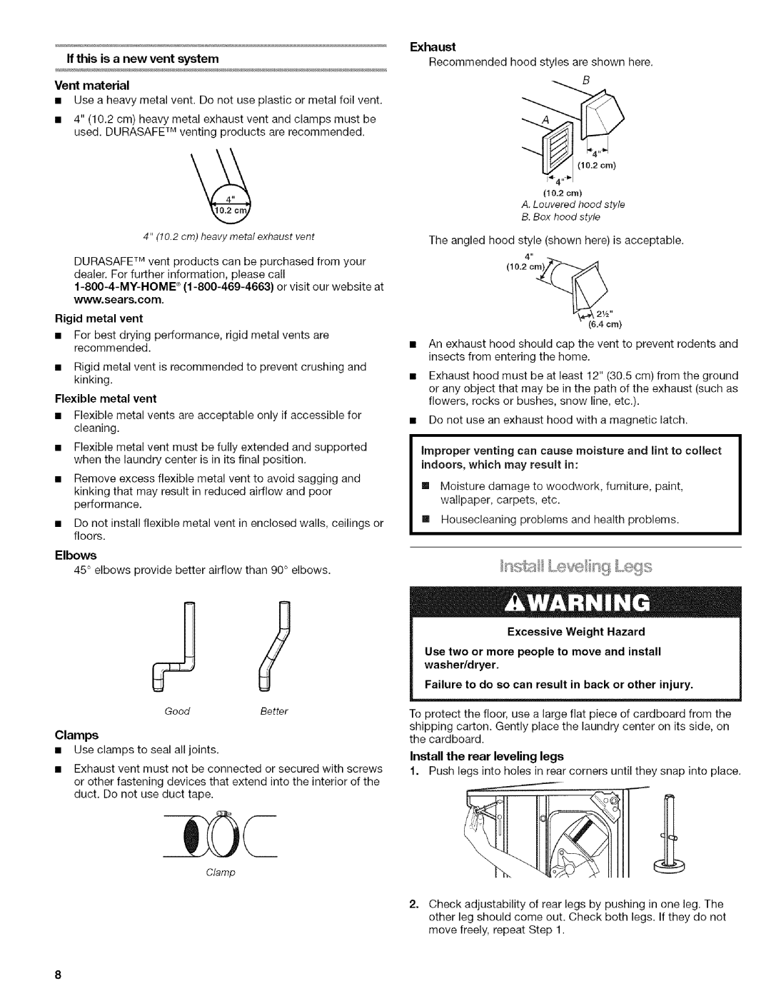 Kenmore 110.88732 manual If this is a new vent system Vent material, Elbows, Exhaust, Install the rear leveling legs 