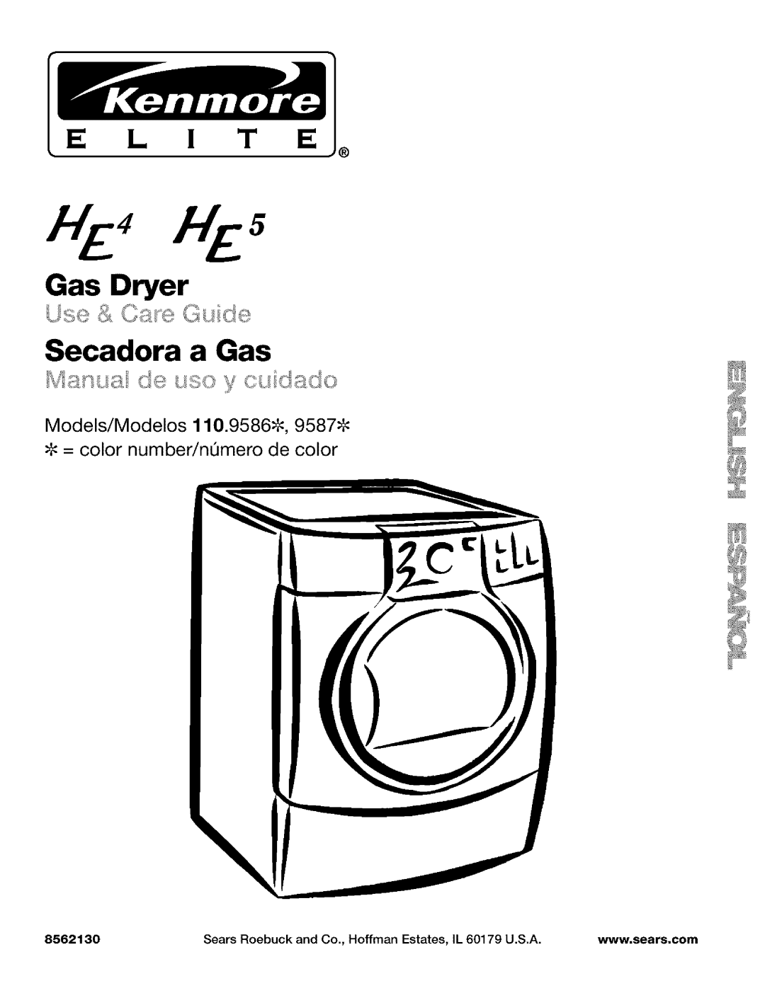 Kenmore 110.9587, 110.9586 manual Sears Roebuck and Co., Hoffman Estates, IL 60179 U.S.A, 8562130 