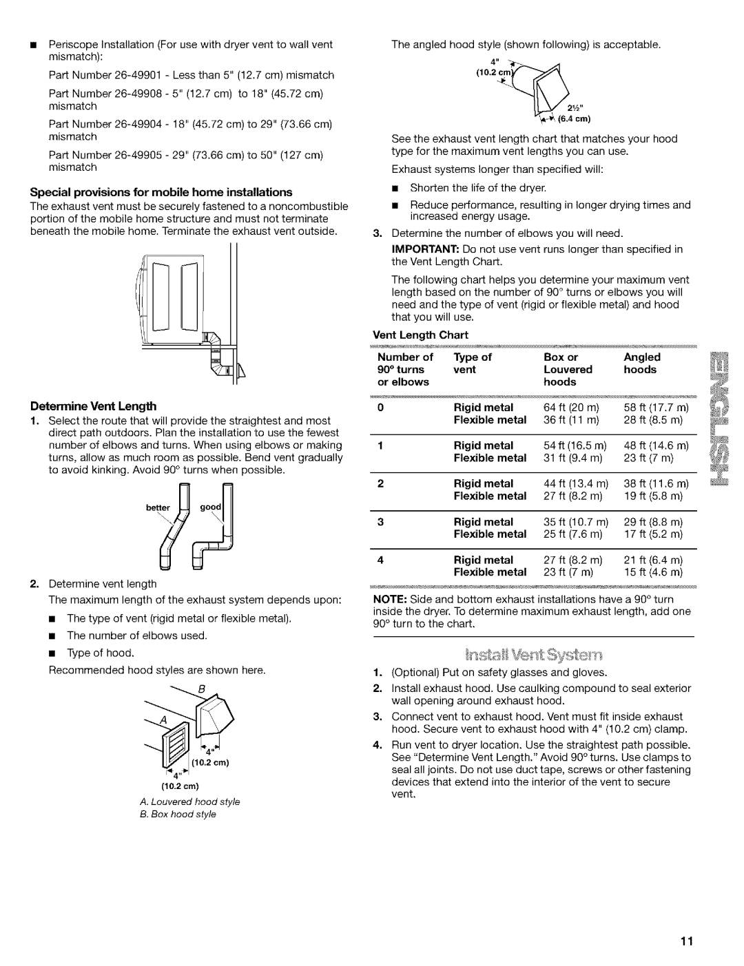 Kenmore 110.9587 Special provisions for mobile home installations, Determine Vent Lengfi, Hoods Or elbows Rigid Metal 