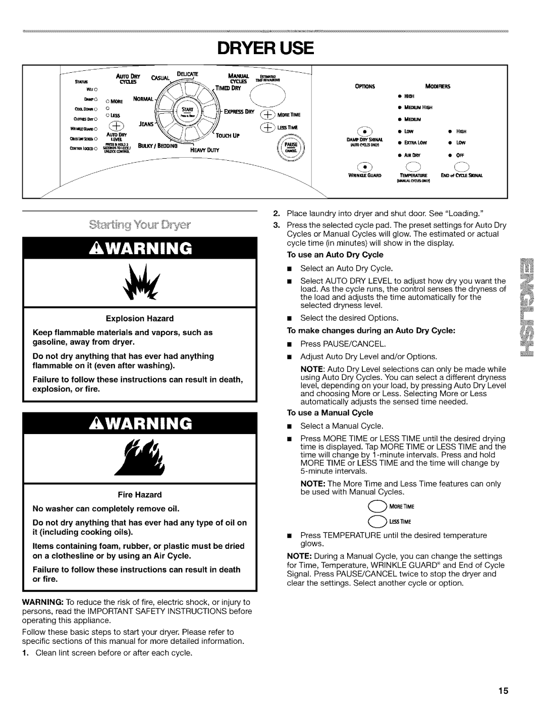 Kenmore 110.9587, 110.9586 manual Dryer USE, To use an Auto Dry Cycle, To make changes during an Auto Dry Cycle 